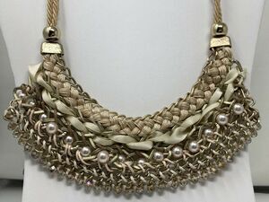 CHICO'S Necklace Cream White Braided Bib Faux Pearls Crystals Ribbon Cord